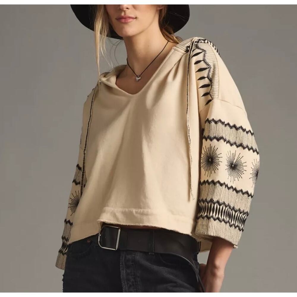Anthropologie Embroidered Cropped Cream Hoodie Small